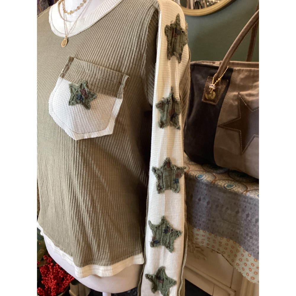 POL Olive Green Star Patch Waffle Ribbed Knit Long Sleeve Top UKT602‎ Small - Picture 2 of 5